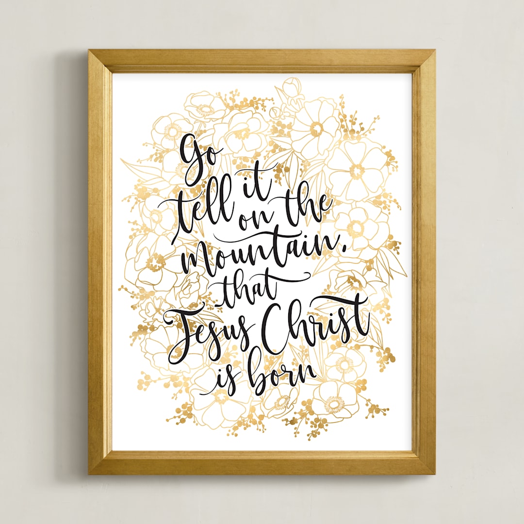 "Floral lyrics go tell it on the mountain" - Art Print in Golden effect by Rosana Laiz Blursbyai - Framed
