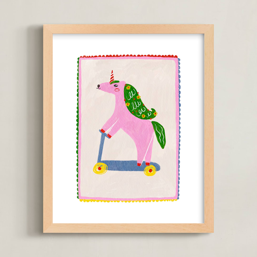 "Rollin Unicorn" - Art Print in Cherry Blossom by Kartika Paramita - Framed