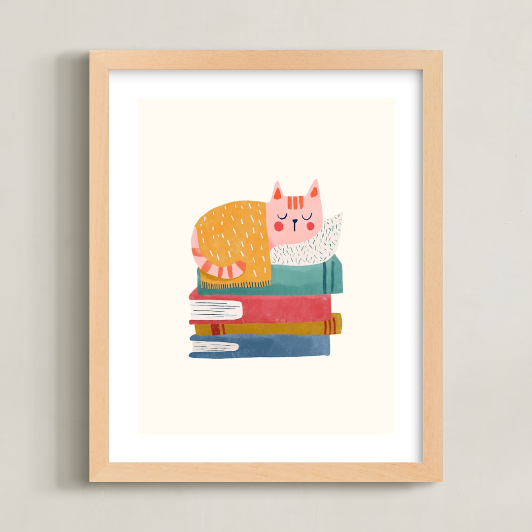 "Booked For A Nap" - Art Print in Cream by Blossom Hound Designs - Framed