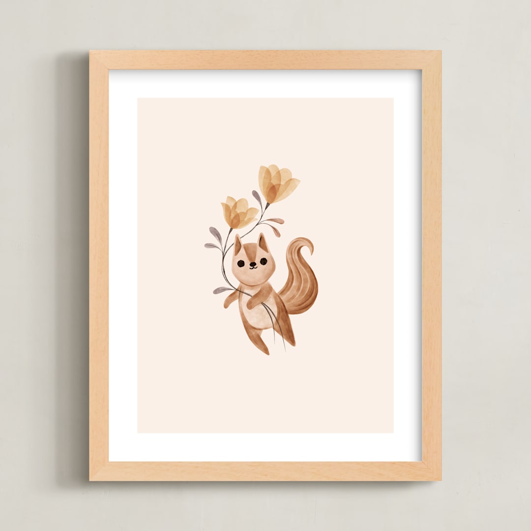 "Squirrel with Flowers" - Art Print in Tan by Vivian Yiwing - Framed
