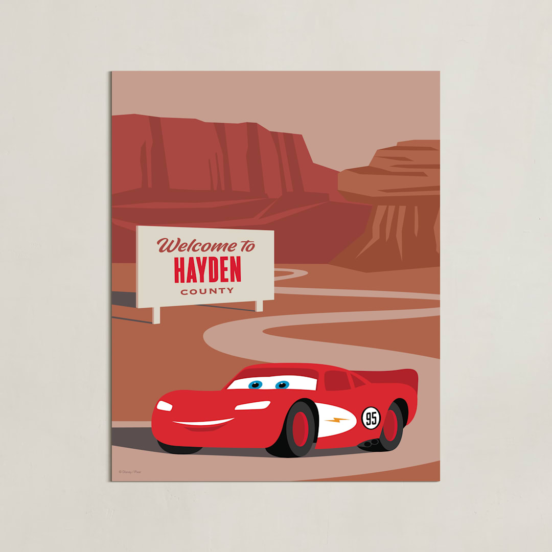 "Lightning McQueen Route 66 from Disney and Pixar's Cars" - Personalized Art Print in Red Rock by Jill Means - Unframed