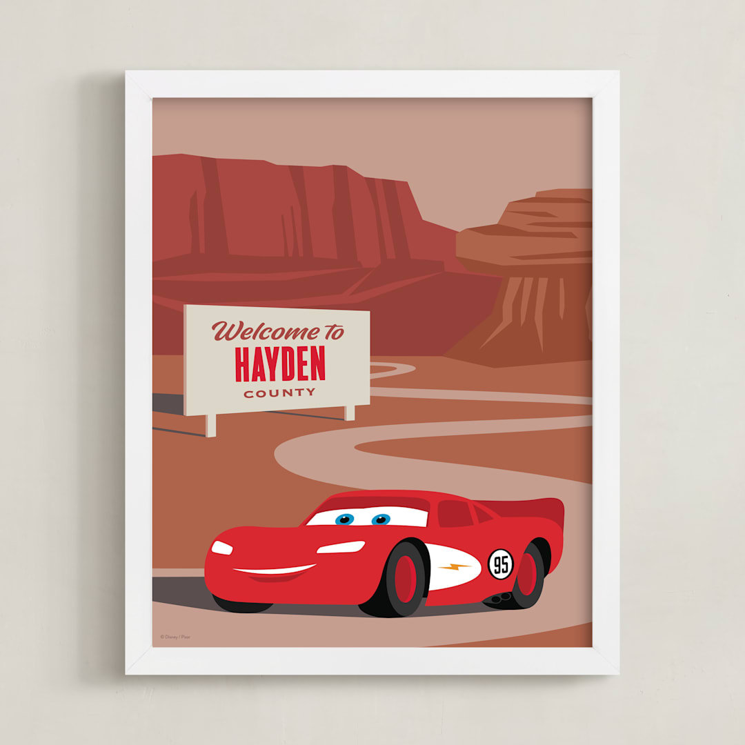 "Lightning McQueen Route 66 from Disney and Pixar's Cars" - Personalized Art Print in Red Rock by Jill Means - Framed