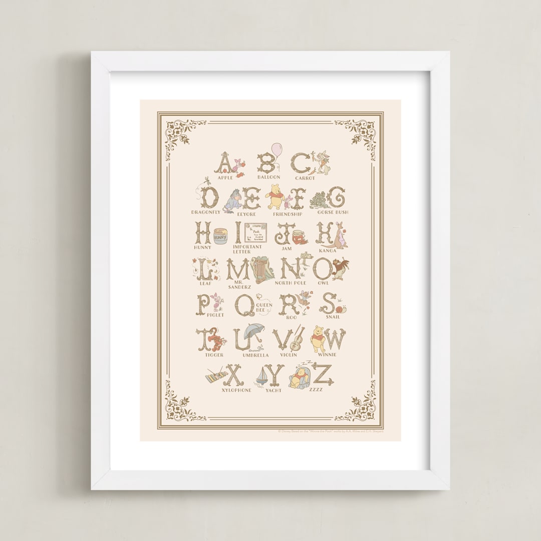 "Disney's Pooh Alphabet" - Art Print in Beige by Teju Reval - Framed
