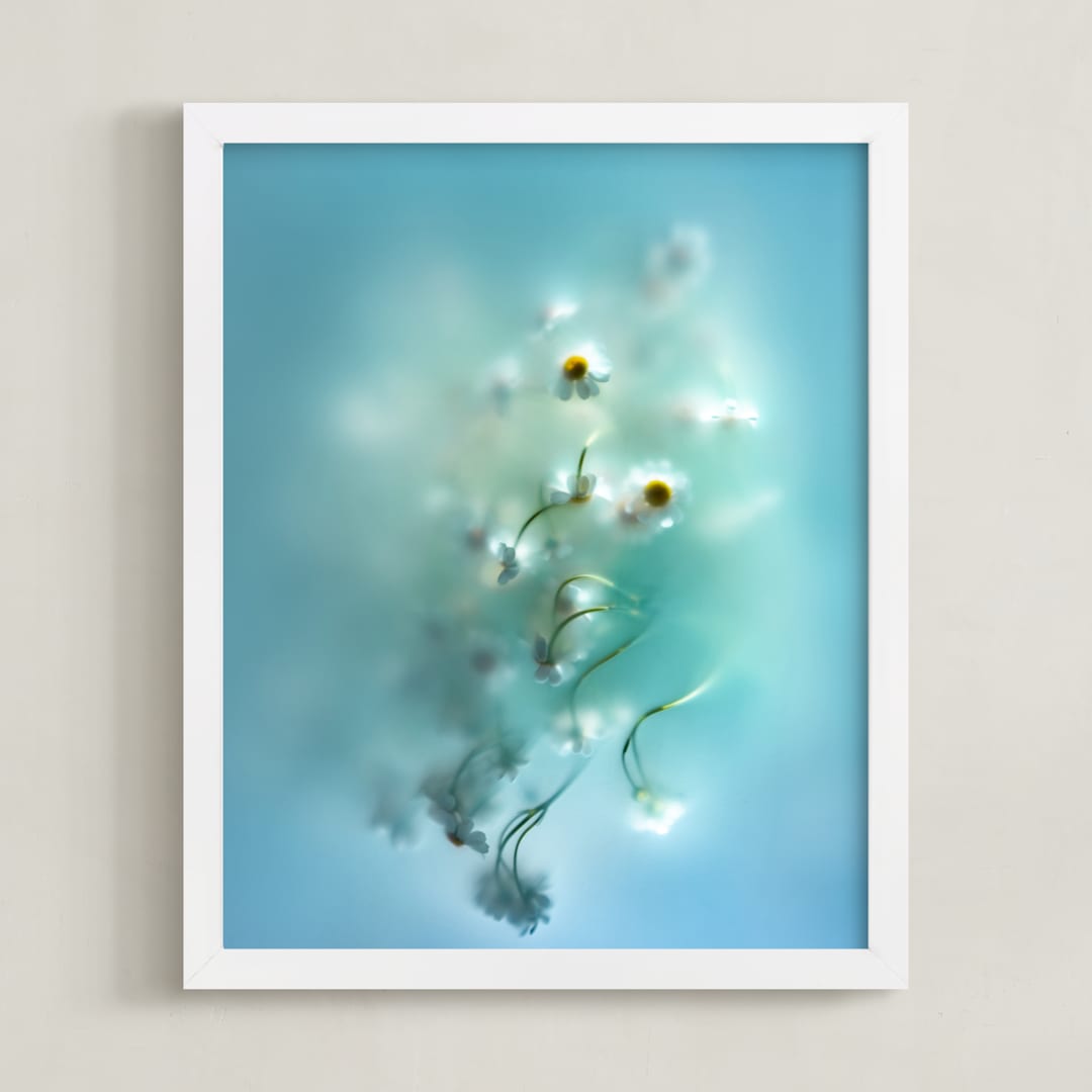 "Daisies in aqua" - Art Print in Capri Blue by Aralyn Griesbach - Framed