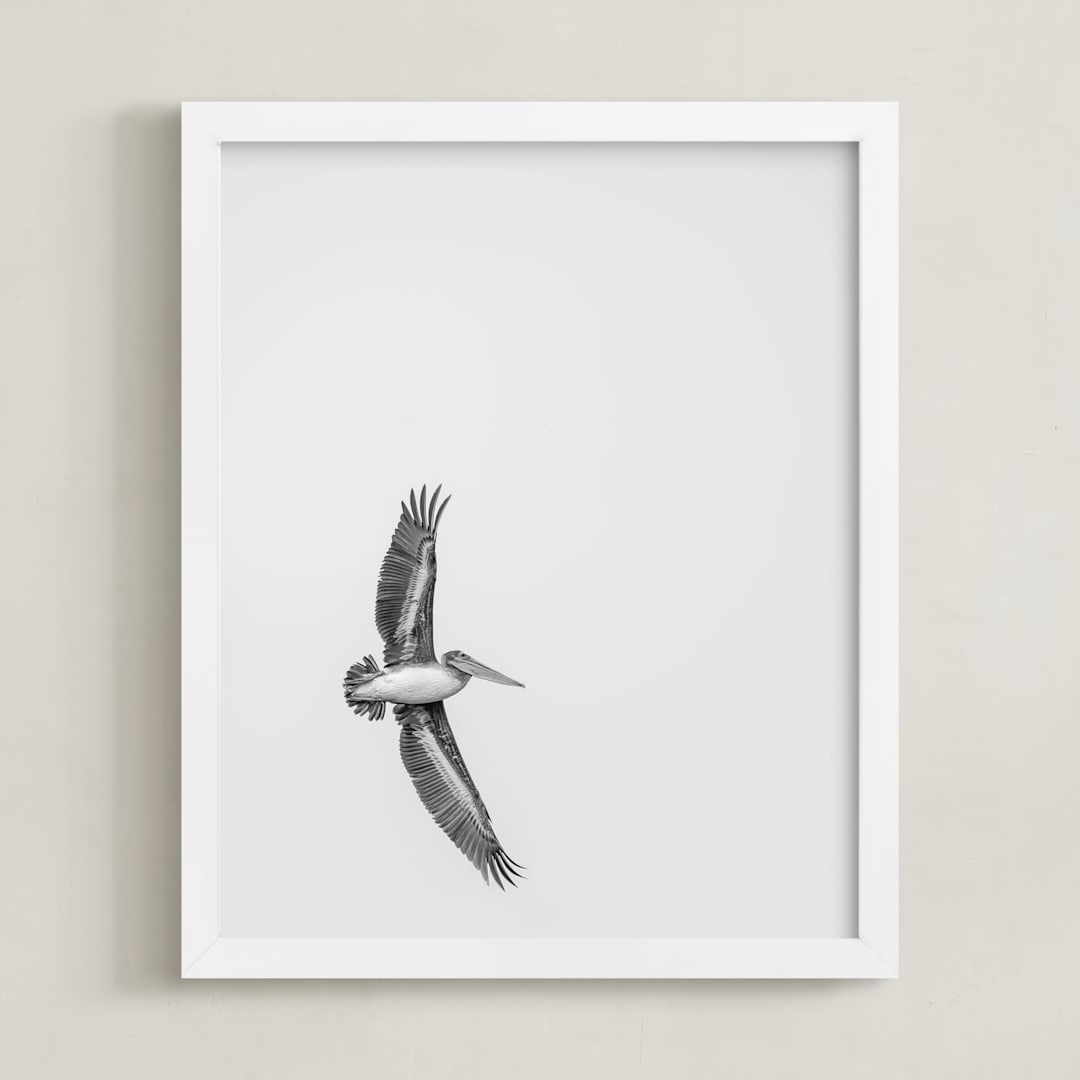 "Gliding Pelican Over Lake" - Art Print in Monochrome by Mary Ann Glynn-Tusa - Framed