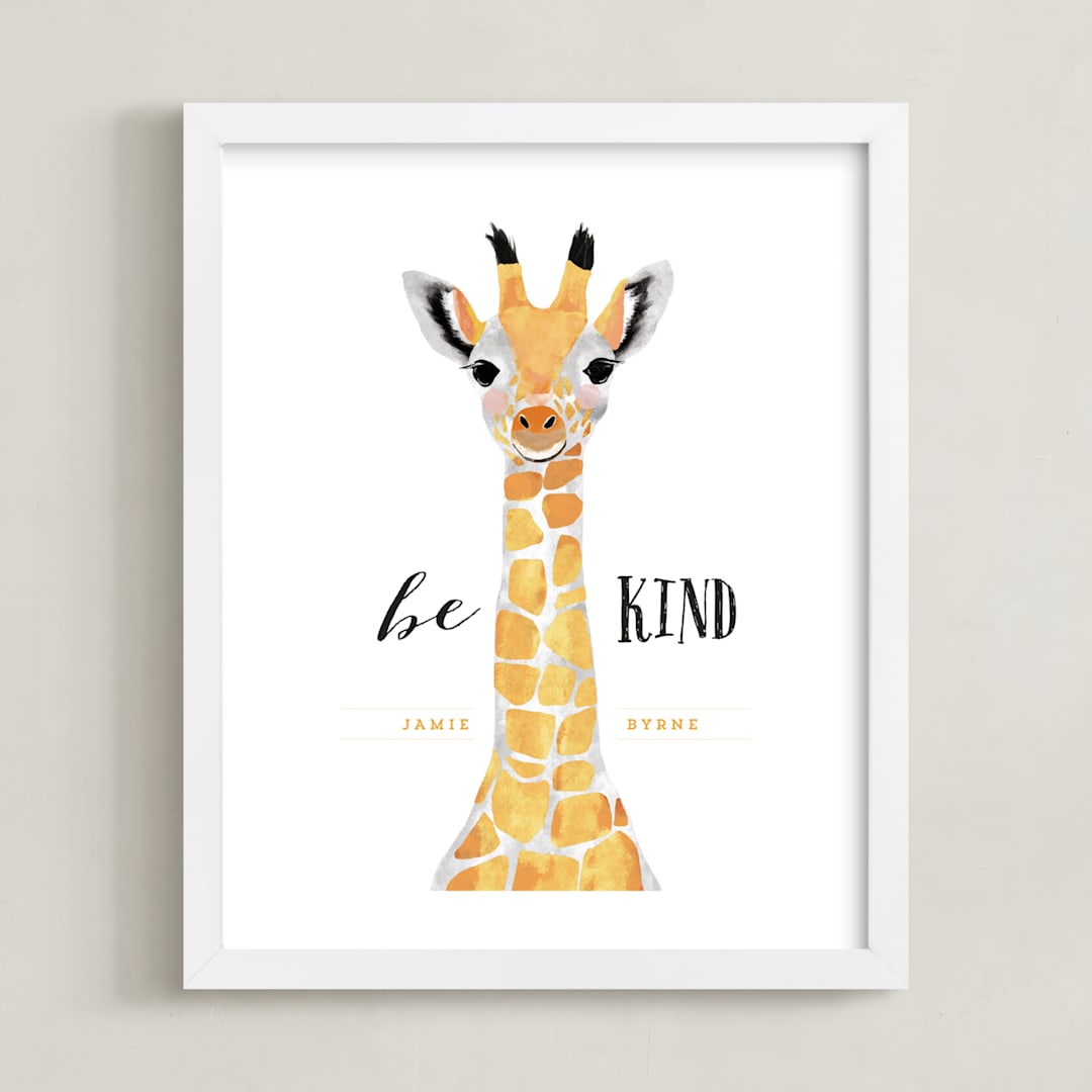 "baby animal.giraffe" - Personalized Art Print in tangerine by Cass Loh - Framed