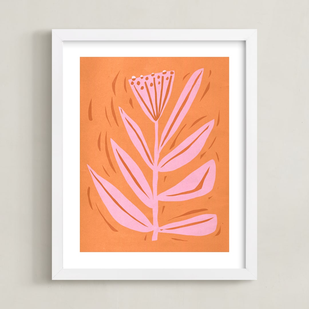 "Tall Flower" - Art Print in peach sorbet by Brandie Stonge - Framed