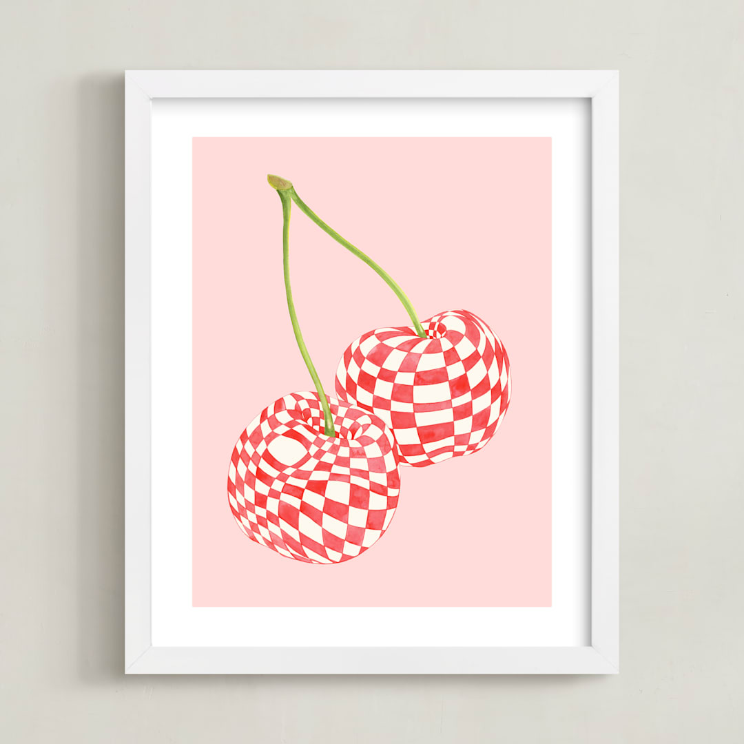 "Checkerboard Cherries" - Art Print in Pastel Pink by Luci Power - Framed