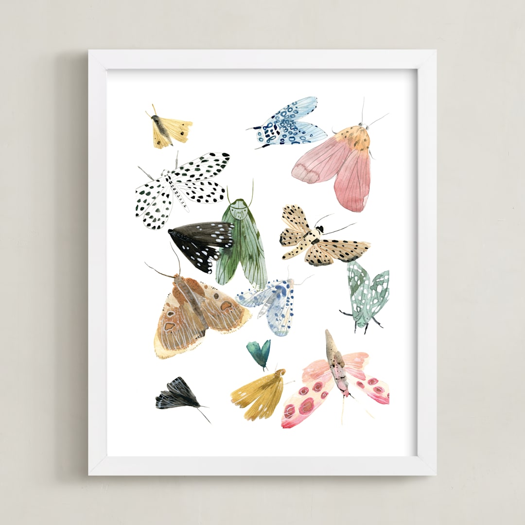 "Moths" - Art Print in Moss Green by Emilie Simpson - Framed