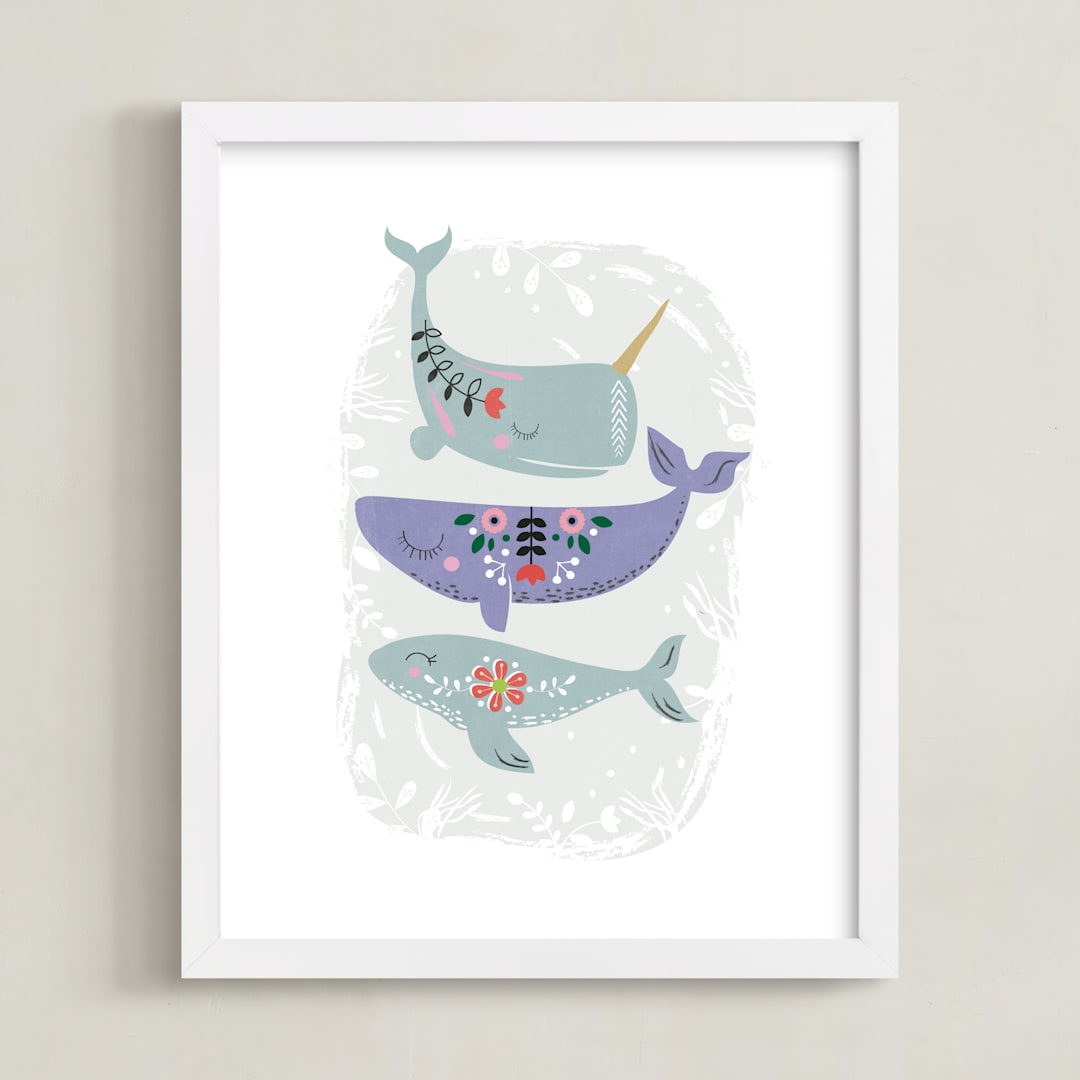 "Folk Whales" - Art Print in Mint by Hannah Williams - Framed