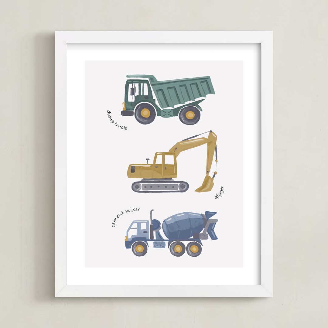 "Tons of Trucks" - Art Print in Sage Green by Alice Nelen - Framed