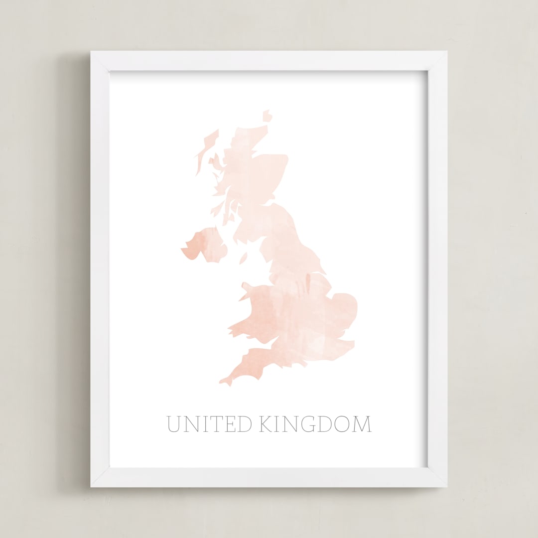 "Pink Watercolour Britain Map" - Art Print in Blush Pink by Katrina Lindhorst - Framed