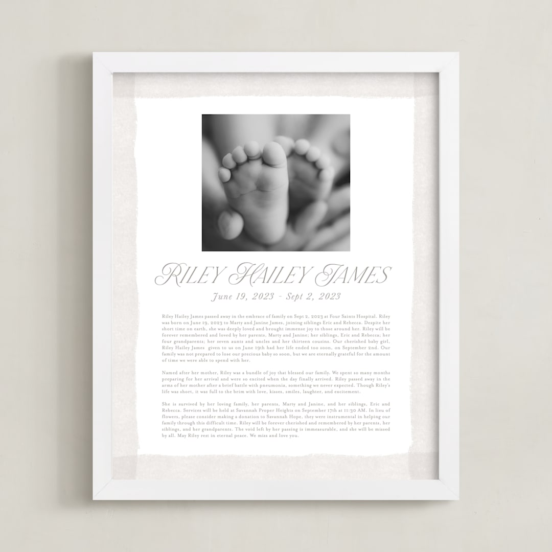 "Brush Stroke Obituary Print" - Custom Print in White by Jackie Crawford - Framed