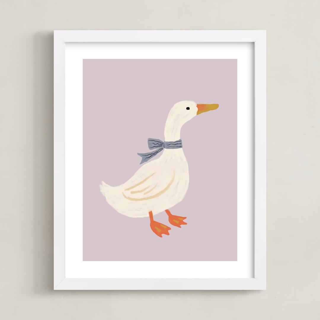 "Duck With Ribbon" - Art Print in Lilac by Cass Loh - Framed