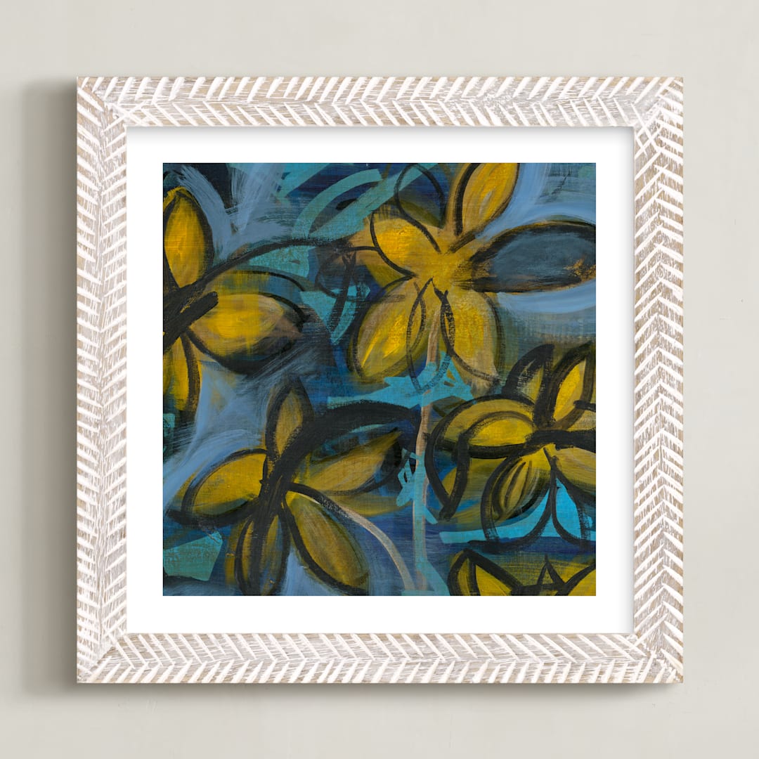 "Shining Flowers Series 1" - Art Print in Vibrant Blue and Yellow by Angela Simeone - Framed