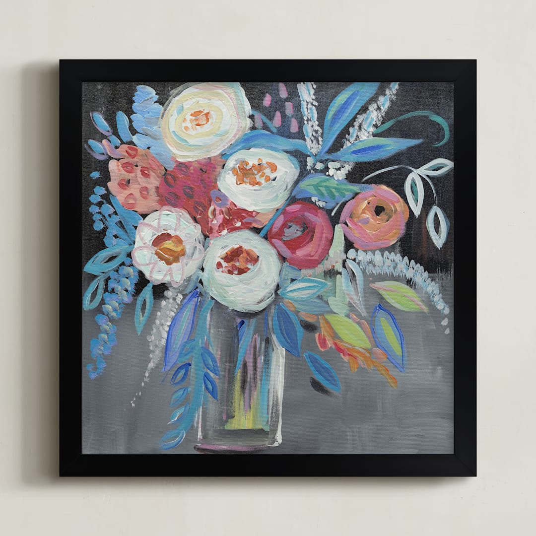 "Peonies by the night" - Art Print in Midnight Blue by FARIDA ZAMAN - Framed