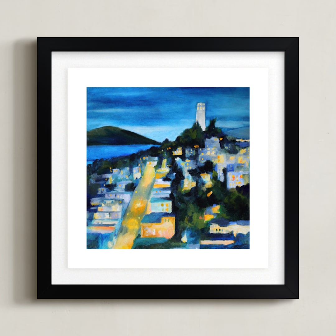 "Coit Tower" - Art Print in Evening Blue by claire whitehead - Framed