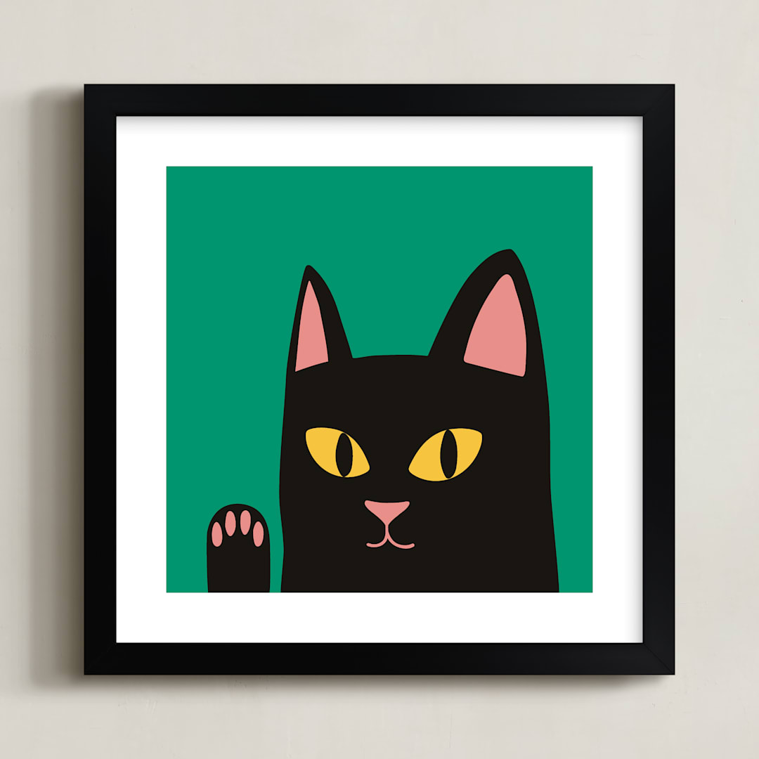 "Max the Cat" - Art Print in Emerald Green by Nieves Herranz - Framed