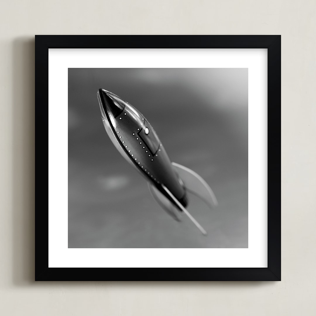 "Retro Rocket Ship" - Art Print in Retro Silver by Laura Hamm - Framed