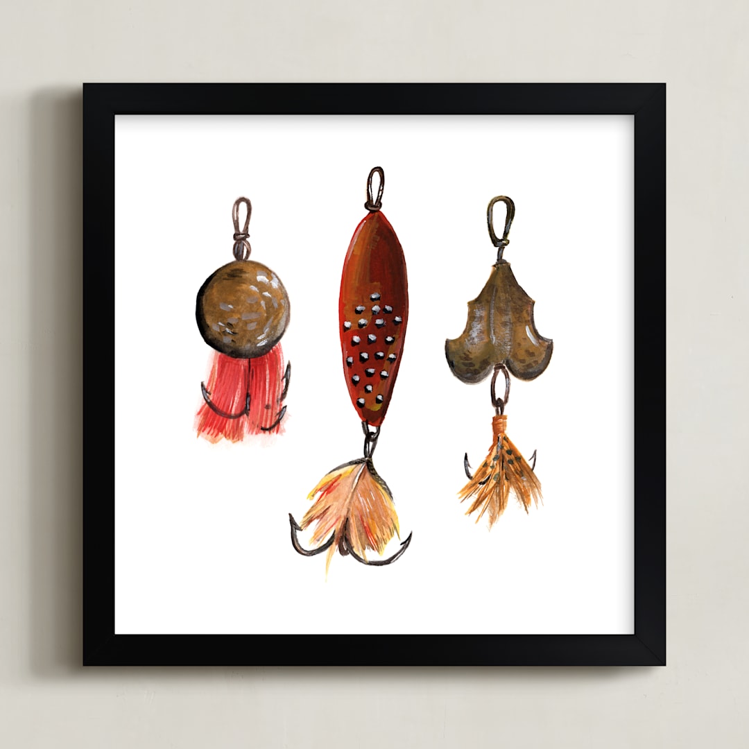 "Fishing Lures No. 1" - Art Print in Dark Gold by Tanya Lee of Frooted Design - Framed