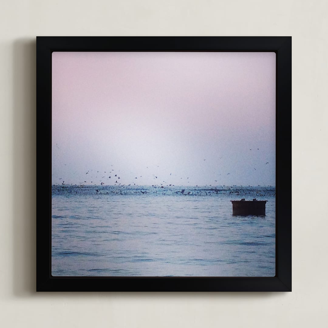 "Sunrise over Lake Ontario" - Art Print in soft blue by Margaret Hine - Framed