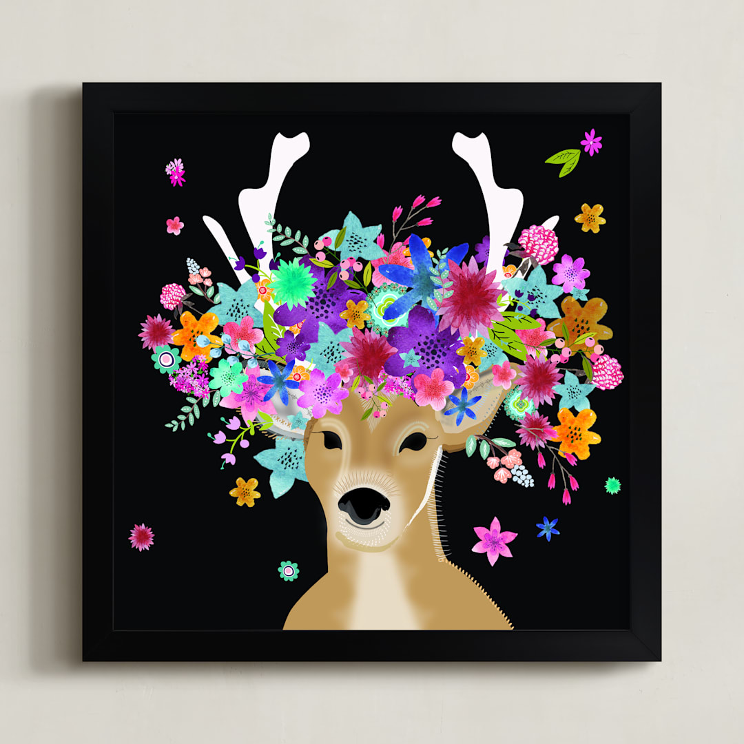 "The Decorated Deer" - Art Print in Woodland brown by Annie Bakst - Framed