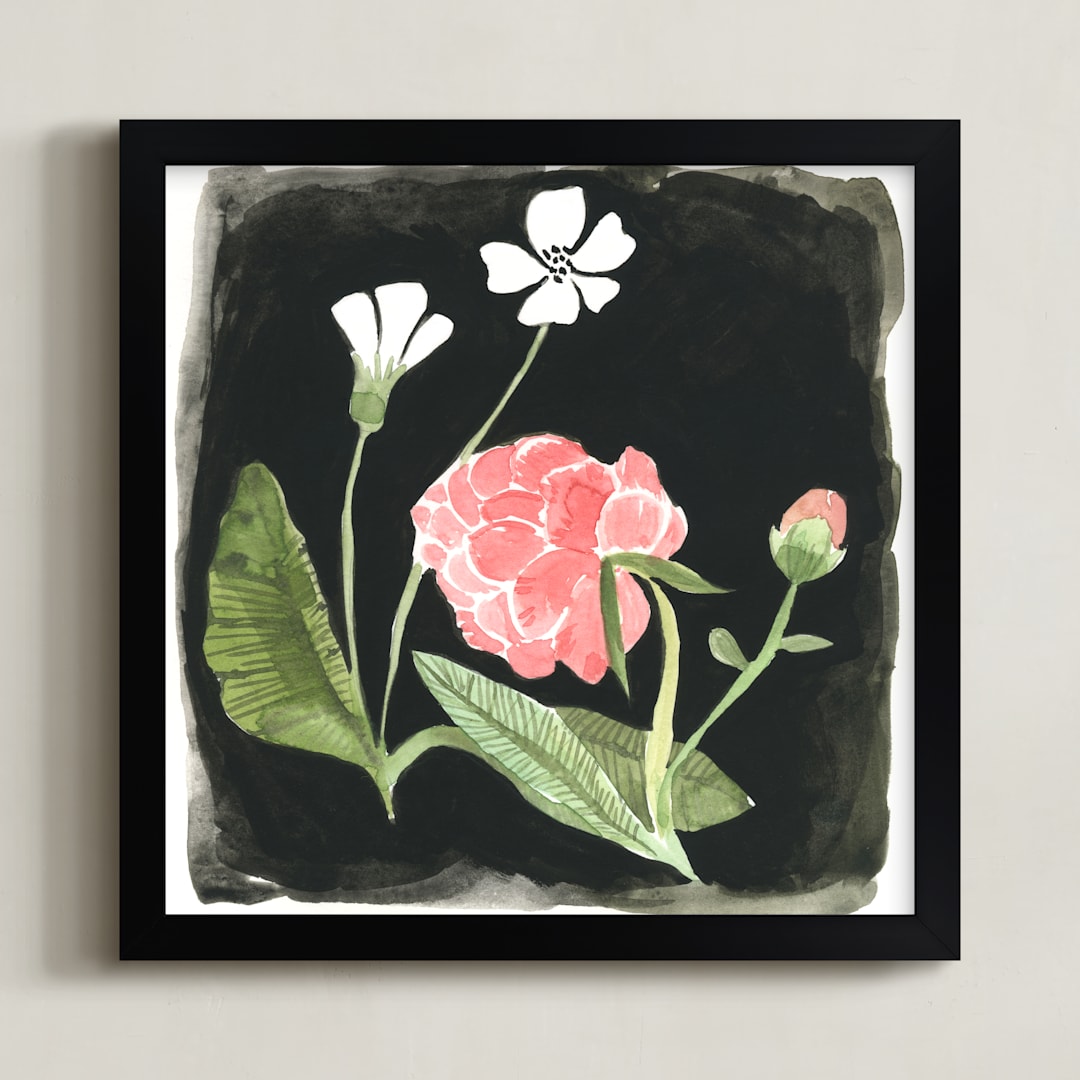 "Nightime Peony" - Art Print in Washed Black by Emilie Simpson - Framed