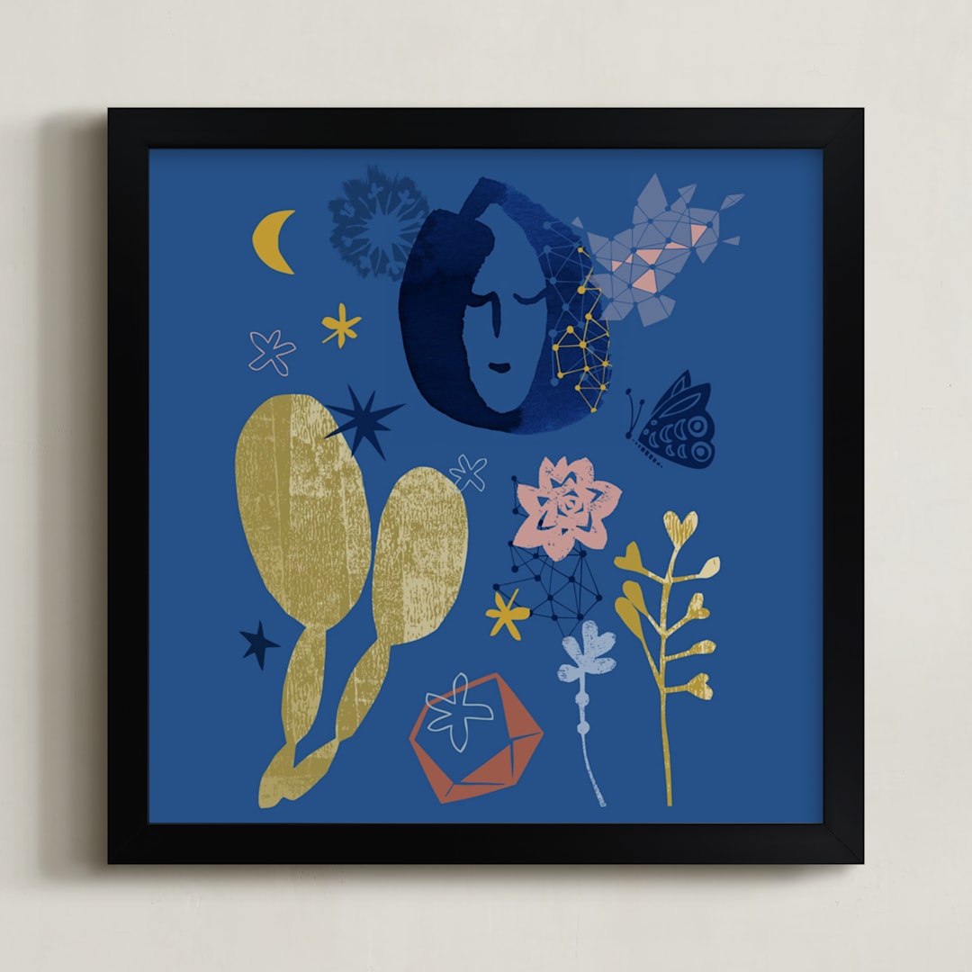 "Cactus Night" - Art Print in midnight blue by Eva Marion - Framed