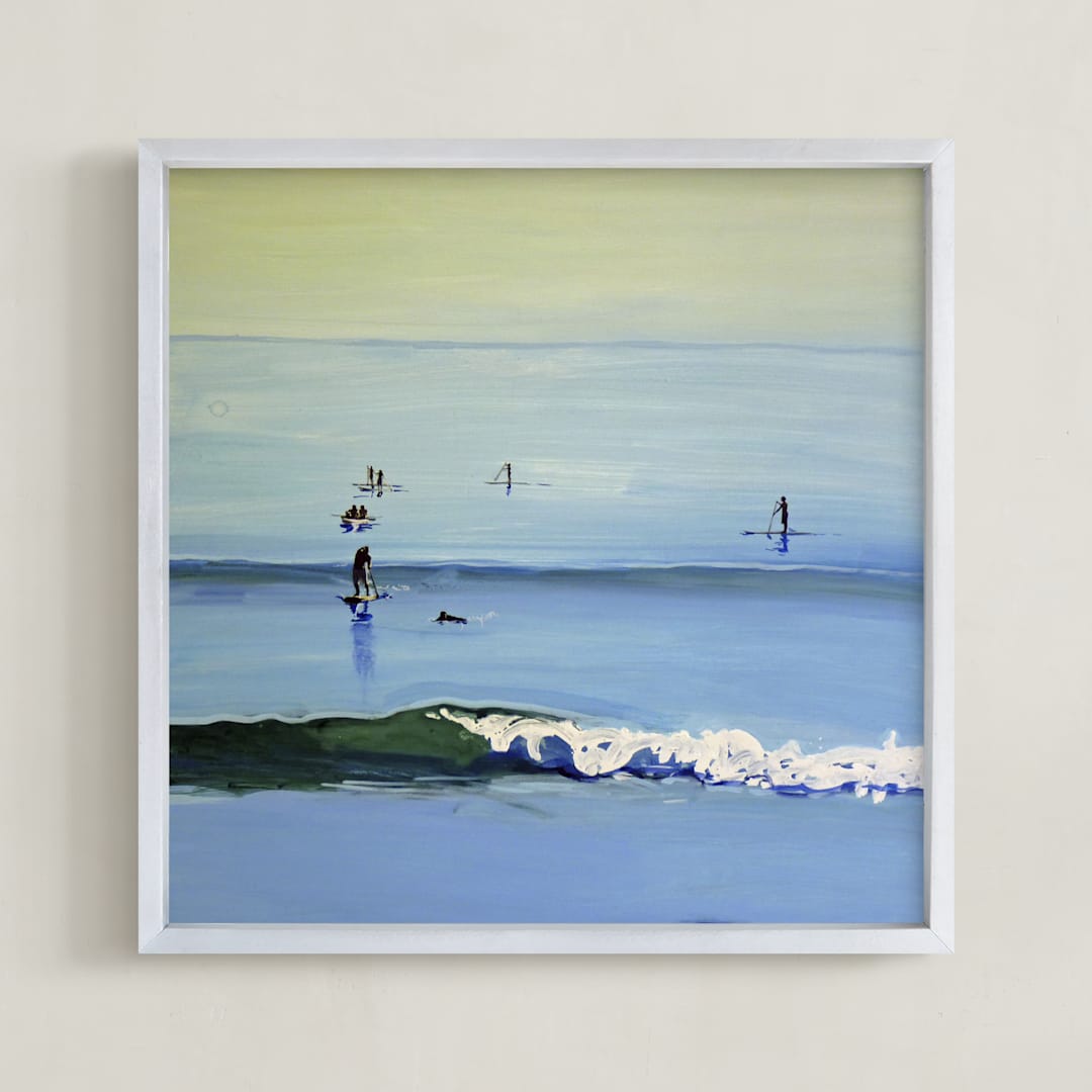 "PaddleBoarders, Malibu 2011" - Art Print in cerulean by Annie Seaton - Framed