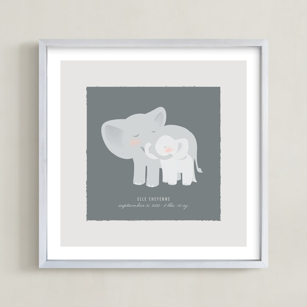 "A Mother's Love - Elephants" - Personalized Art Print in Soft Grey by Lori Wemple - Framed