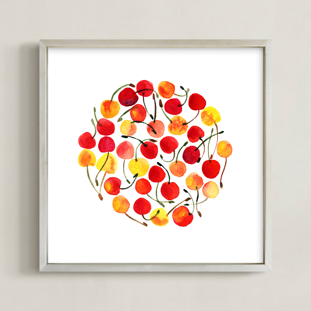 "whimsical watercolor cherries" - Art Print in cherry by Alexandra Dzh - Framed