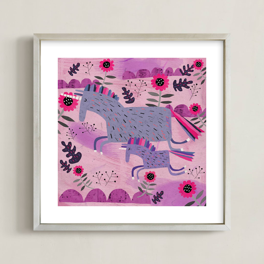 "Unicorn Dance" - Art Print in Lavendar Flower by Chris Lensch - Framed