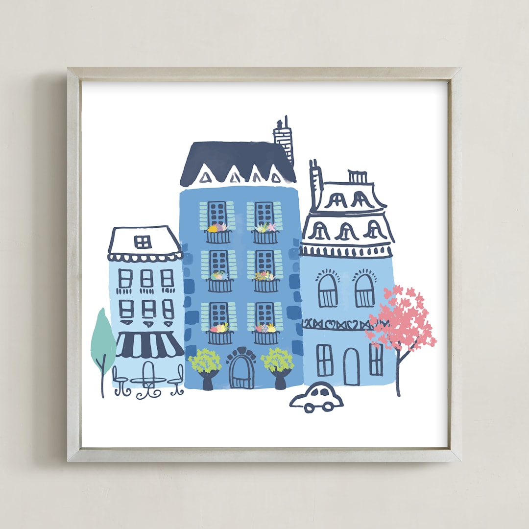 "Paris, J'adore" - Art Print in Parisian Blue by Ali Macdonald - Framed