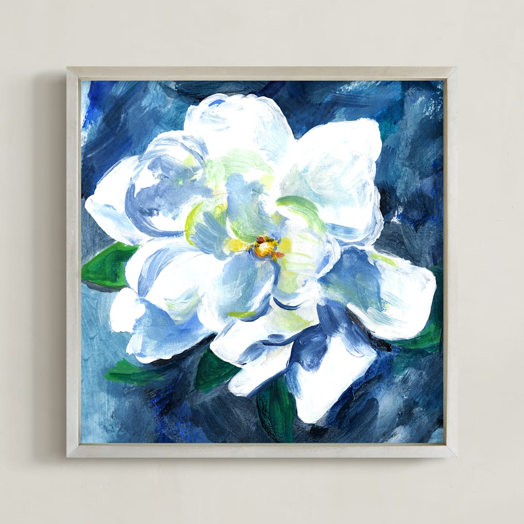 "Gardenia in Blue" - Art Print in Garden Blue by Jenny Partrite - Framed