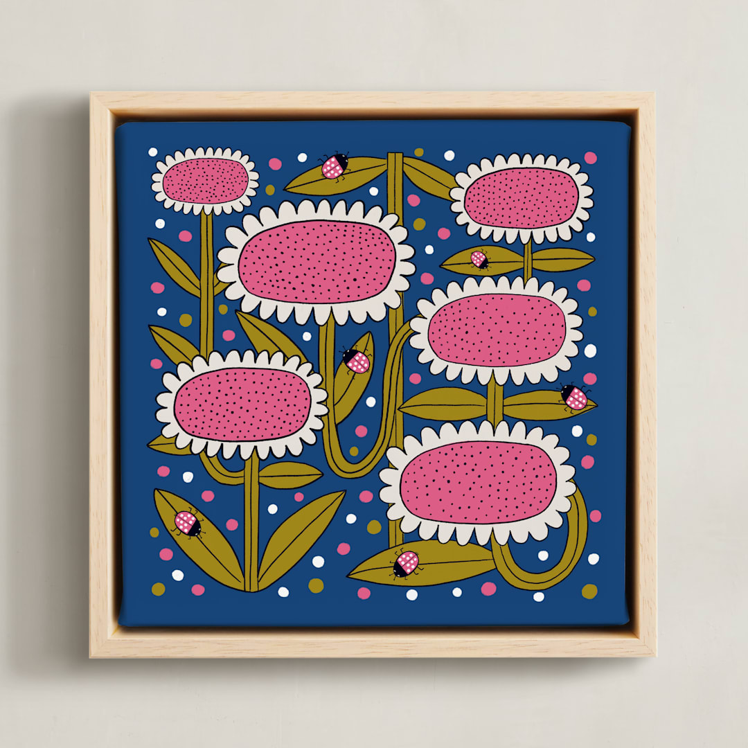 "Pink Floral frenzy with ladybugs" - Art Print in Midnight Blue by Lee-Anne Schmidt - Framed Canvas
