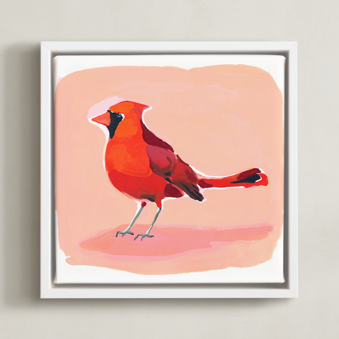 "Inquisitive Cardinal" - Art Print in Melon by Betty Hatchett - Framed Canvas