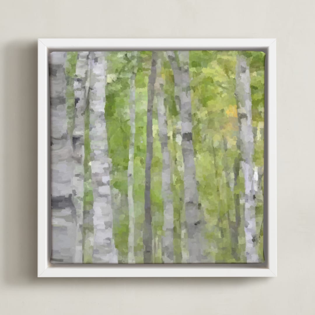 "Summer Birches" - Art Print in forest green by Amy Hall - Framed Canvas
