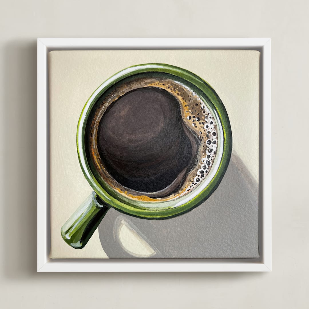 "Morning Coffee" - Art Print in Deep Roast and Olive by Amber Piacentine - Framed Canvas