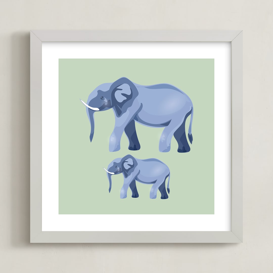 "Family of Elephants" - Art Print in Grass by Lauren Hughes - Framed
