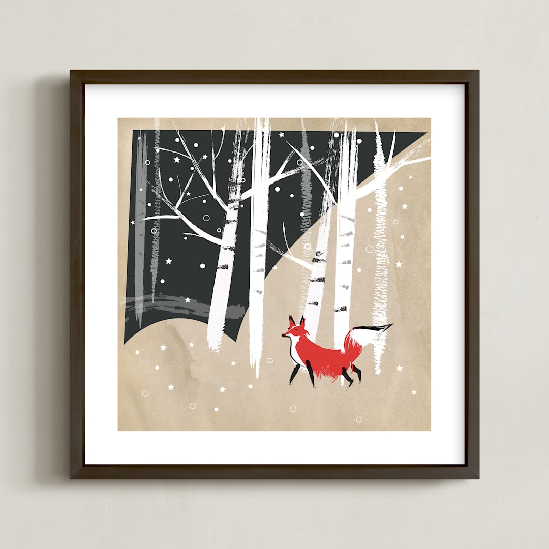 "Foxy Woods" - Art Print in Kraft Paper Brown by Annie Bakst - Framed