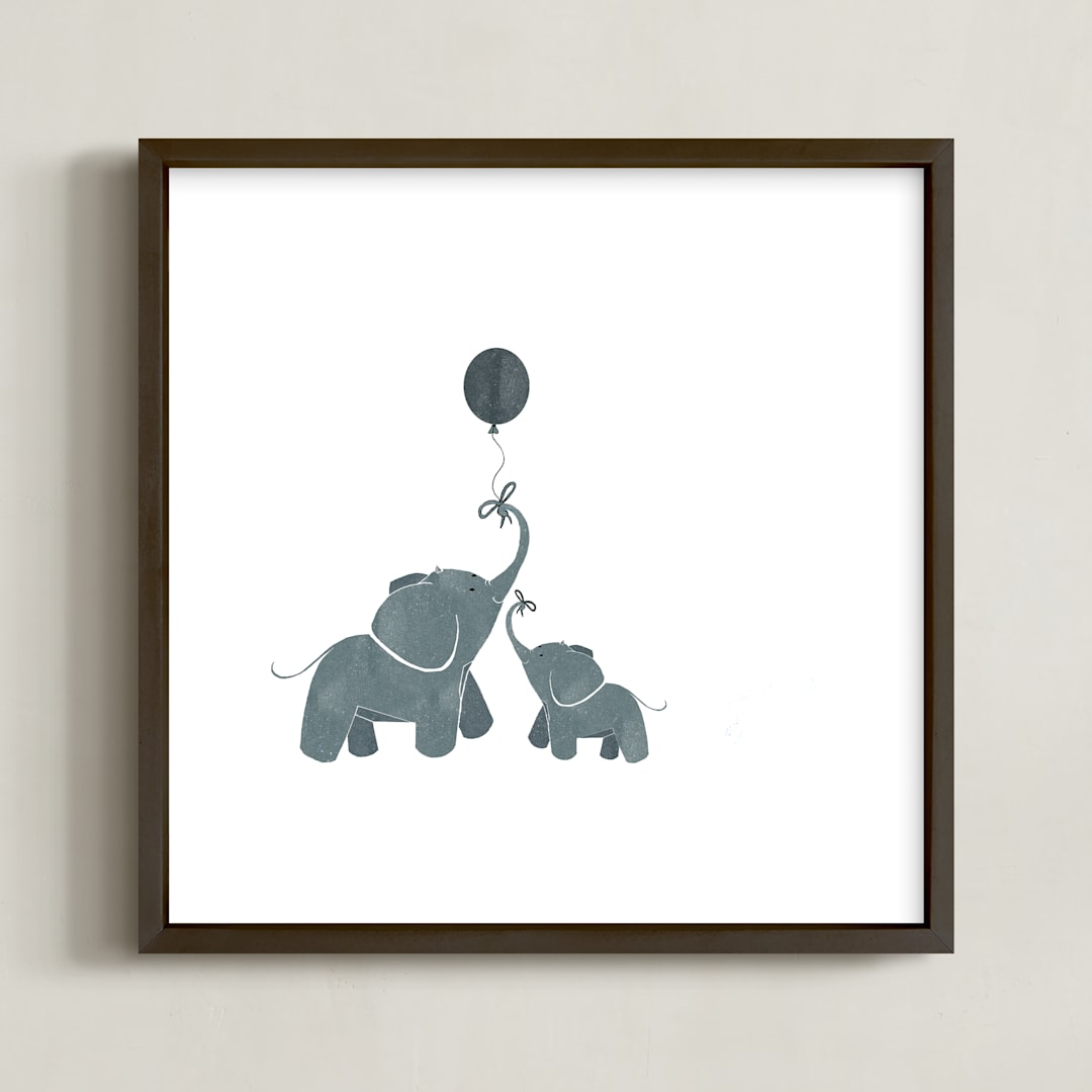 "Black & White Timeless Elephant Balloon " - Art Print in Etched Black by Lo Mead - Framed