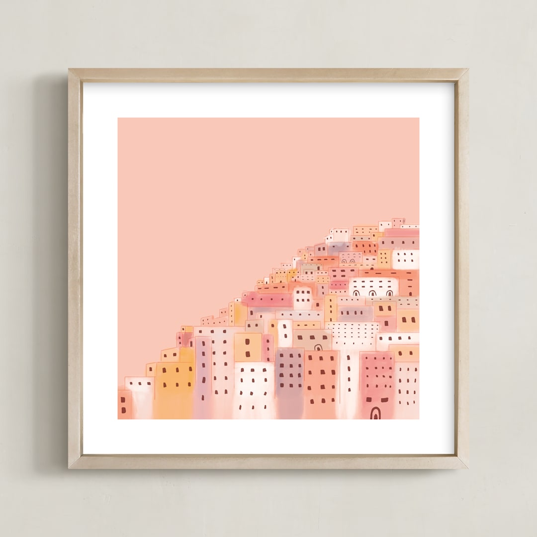 "Positano Houses" - Art Print in Peachy Pink by Laura Mitchell - Framed