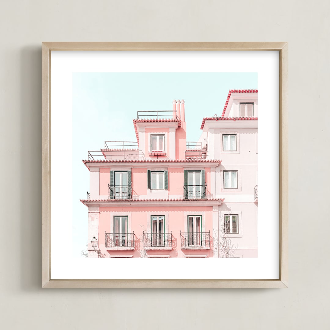 "Pastel Pink House" - Art Print in Peach by Heather Loriece - Framed