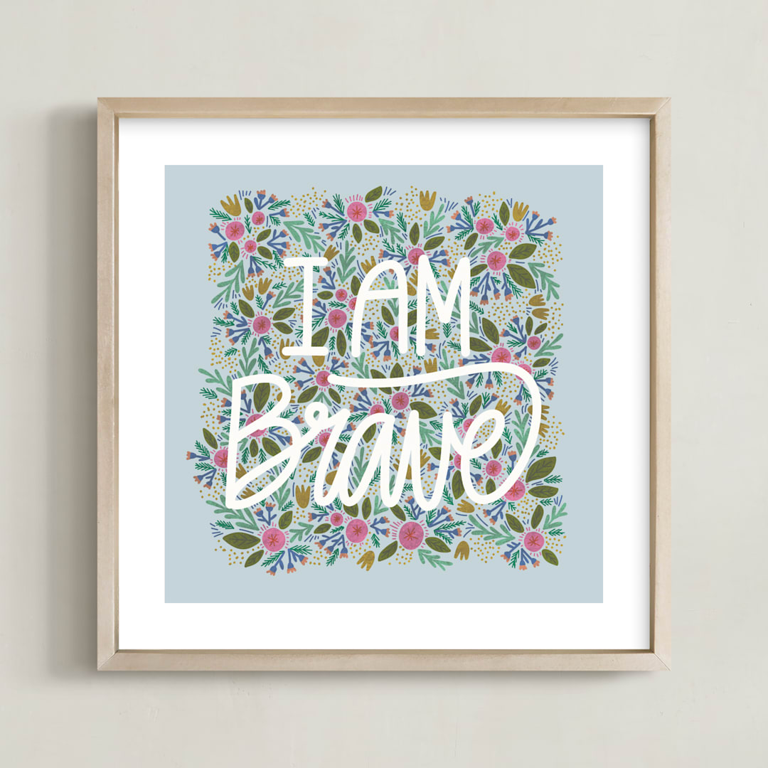 "Brave Flowers" - Art Print in Soft Blue by Jen Owens - Framed