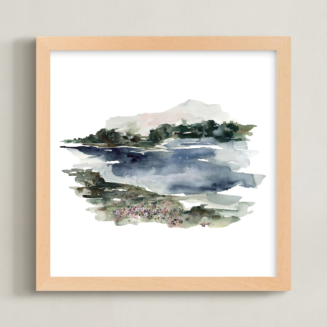 "Mountain View" - Art Print in Navy and Dusty Blue with Forest and Sage Green by Kate Nelson - Framed