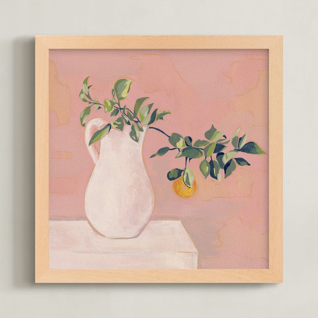 "Orange Branch" - Art Print in Coral Pink by Carolyn Hunt - Framed