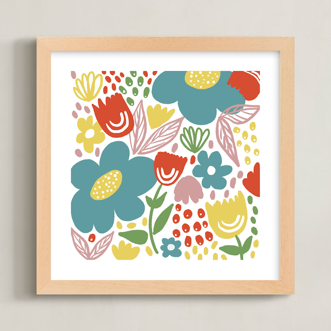 "Playful Blossoms" - Art Print in Rich Teal by Lea Velasquez - Framed