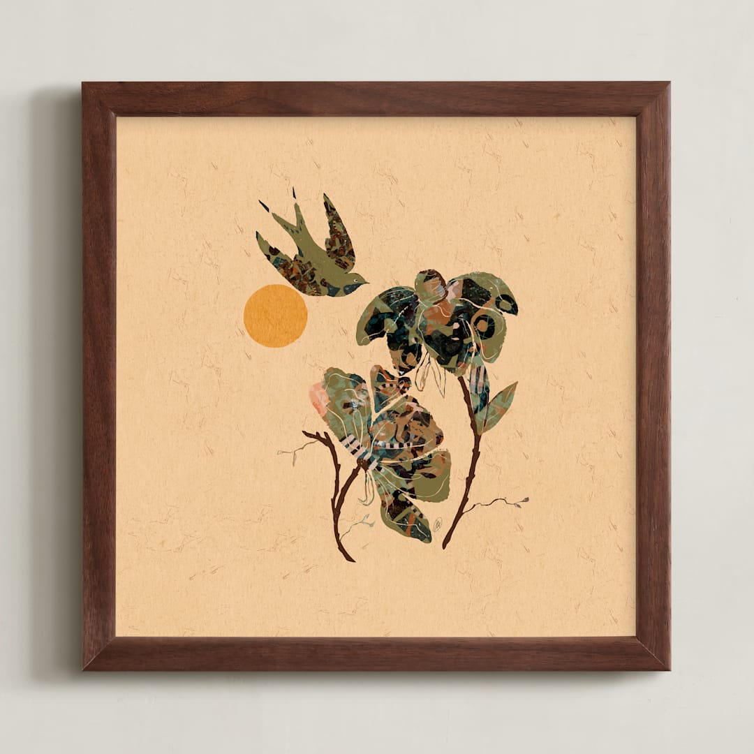 "Sparrows 2" - Art Print in Warm Sage Green by ThirtyOne Illustrations - Framed