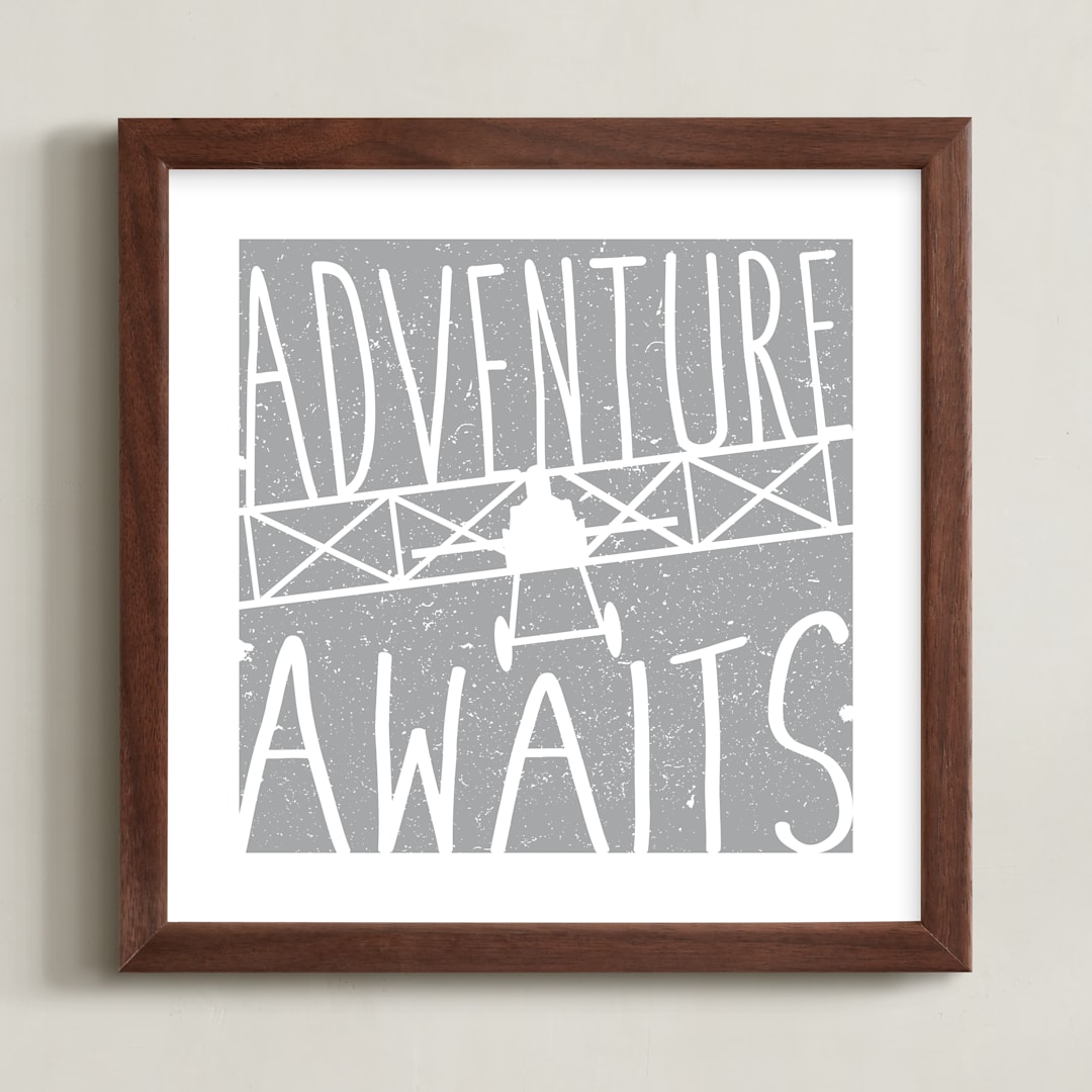 "Adventure Awaits Vintage Airplane" - Art Print in White by Lorena Depante - Framed