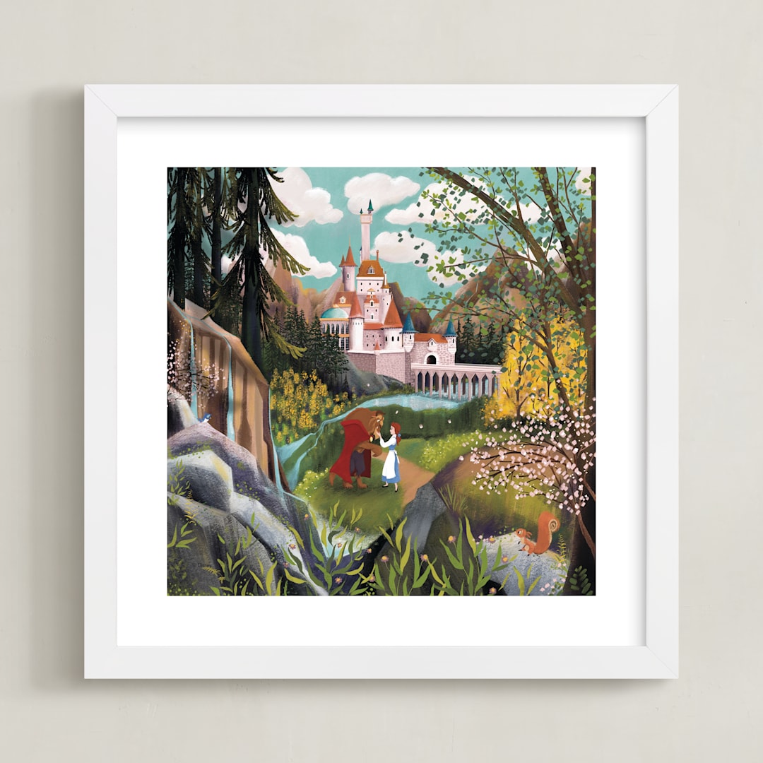 "Belle and Beast Stroll the Castle Grounds" - Art Print in Forest by Becky Nimoy - Framed